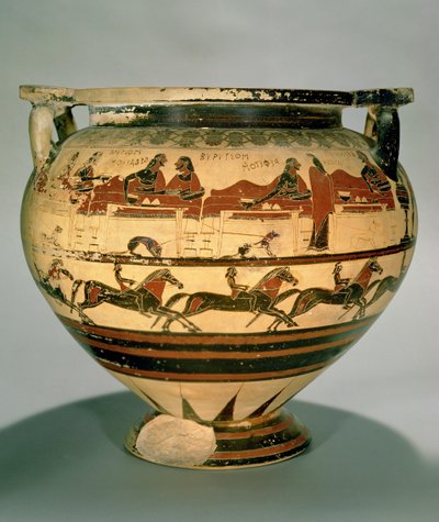 Vroege Korinthische zwartfigurige kolom-krater die Herakles toont die dineert met Eurytios en zijn zonen, bediend door Iole, boven een rij ruiters, uit Cerveteri, ca.600 v.Chr. (aardewerk) door Greek